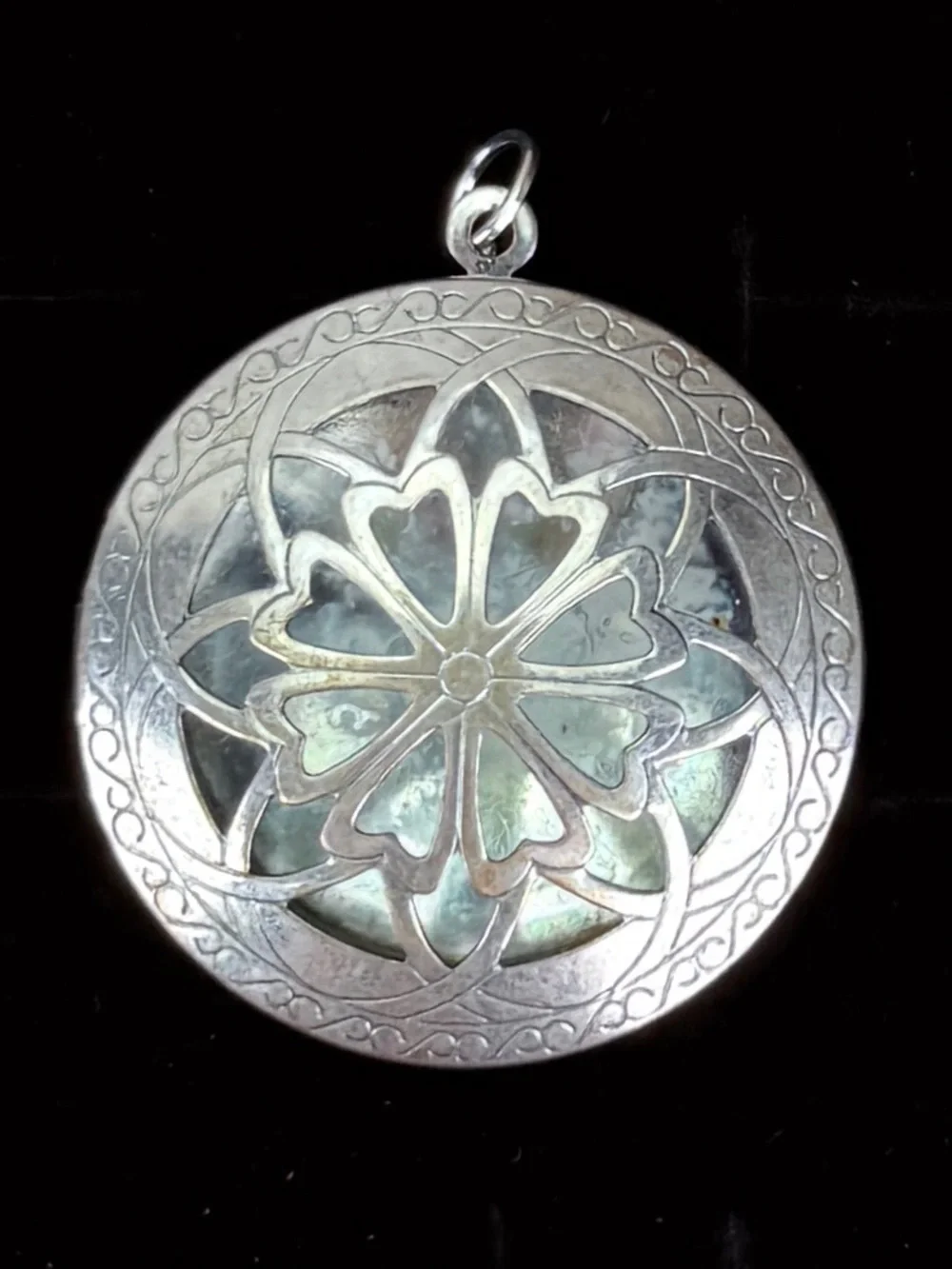 Vintage silvertone aged cutout locket pendant + Free 16” cord necklace